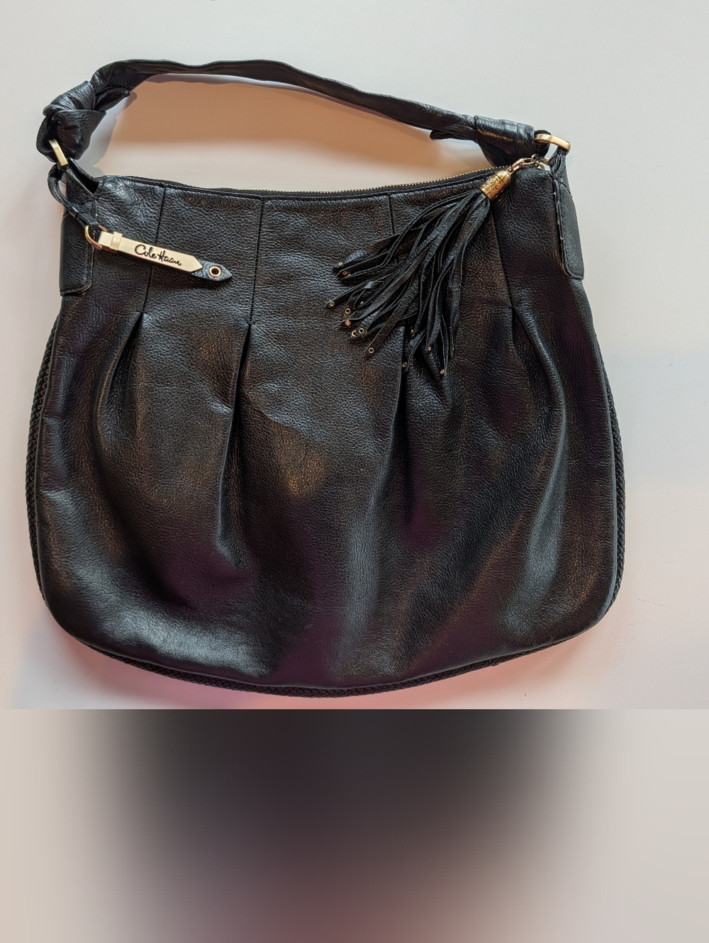 Cole Haan Black Pebble Leather Shoulder Bag With Brass & Fringe Tassel EUC
